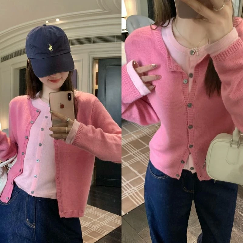 【韩11】多巴胺撞色假两件圆领针织开衫女休闲打底毛衣减龄短款上衣