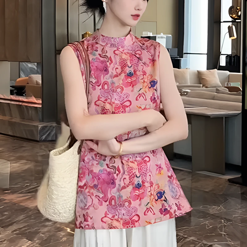 【专柜品质】国风盘扣休闲衬衫夏季女老风背心裙提花中长款上衣无袖