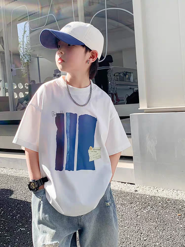 儿童纯棉T恤中大童短袖男女童夏季卡通印花欧若风图案洋气上衣T