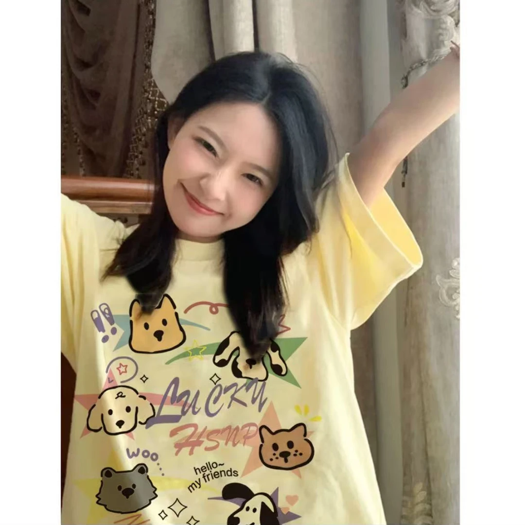 纯棉卡通狗狗新款短袖t恤女夏季小众设计感可爱穿搭上衣体恤