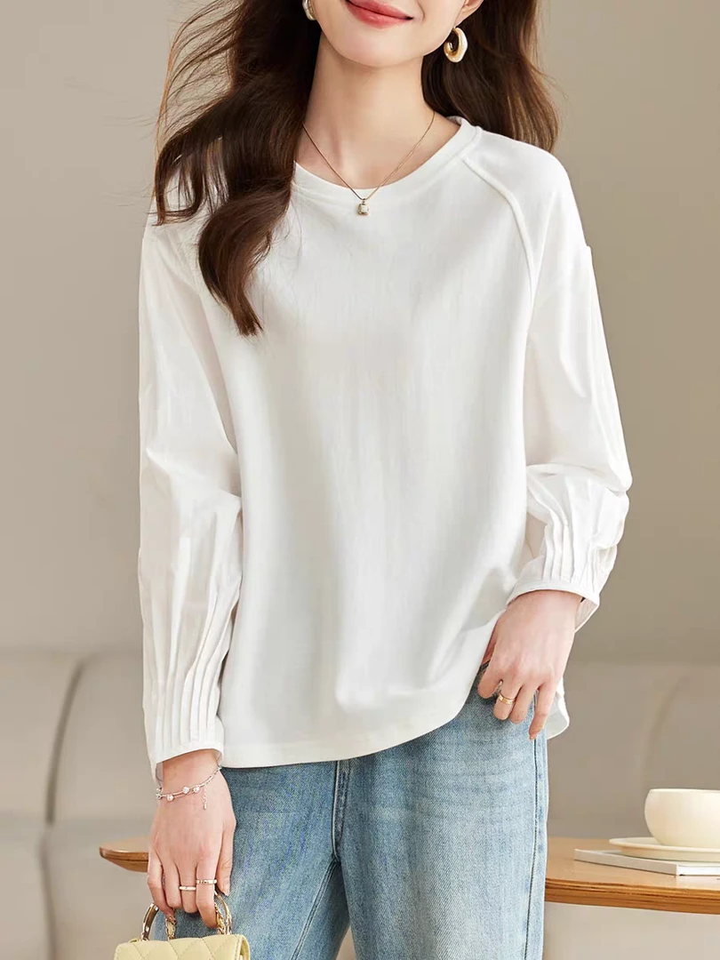 大码女装胖MM气质褶皱袖拼接显瘦长袖T恤春季遮肉显瘦圆领上衣