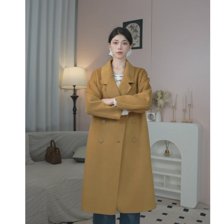 韩版气质大衣小个子气质网红百搭春秋中双面羊绒宽松毛呢MK250307