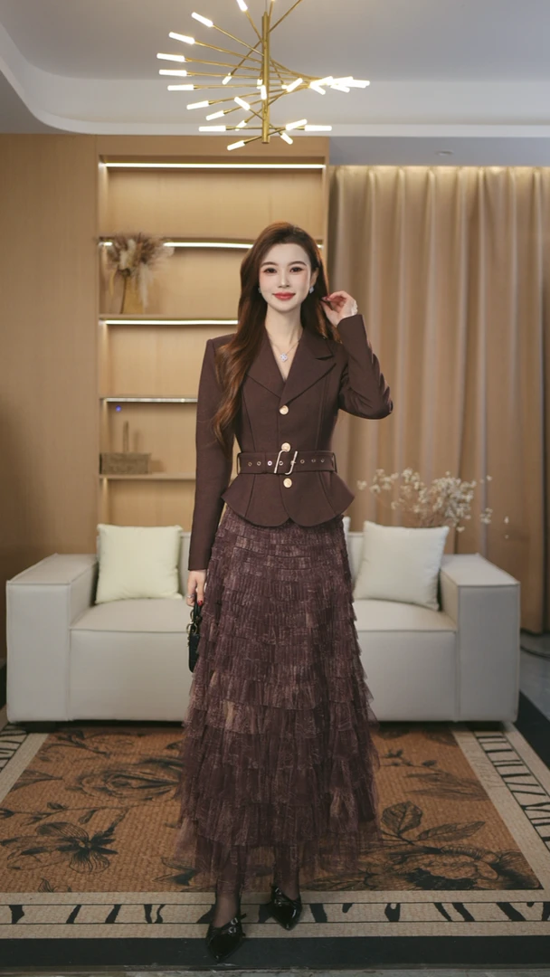 罗曼定制 高定原创秋冬毛呢呢子长袖上衣女+A字纱裙显瘦时尚套装