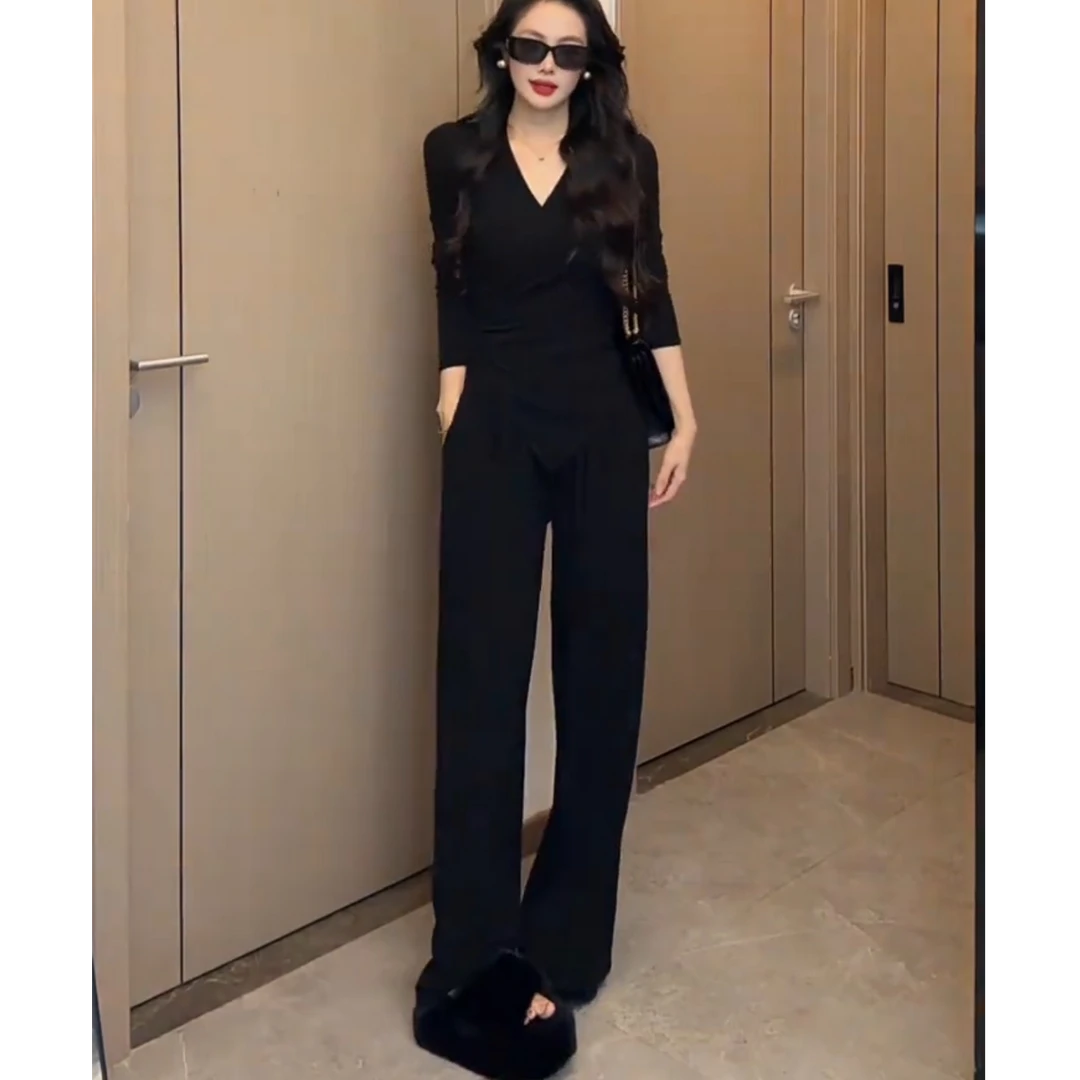 交叉v领不规则长袖T恤上衣女2025冬季时尚套装垂感阔腿长裤两件套