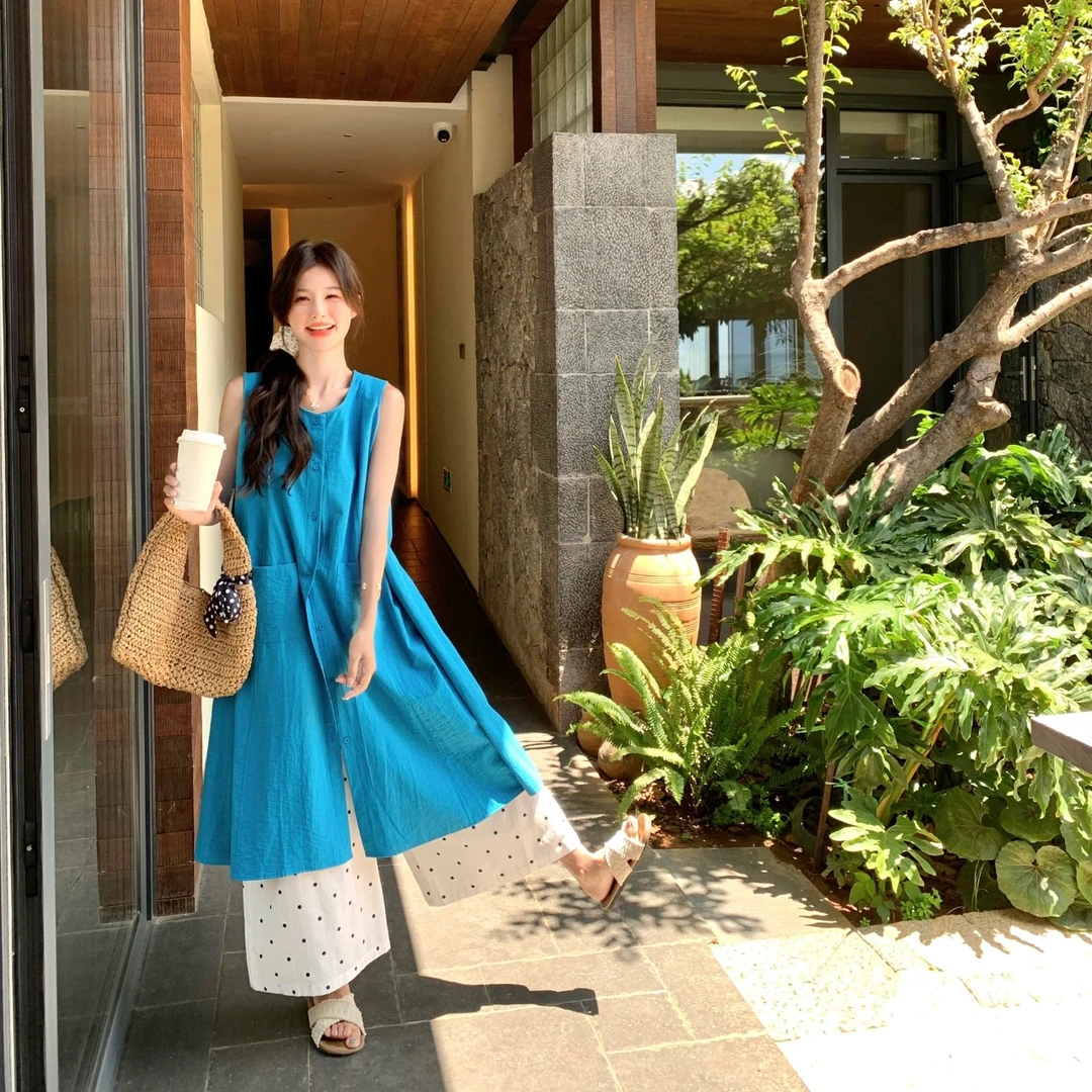 韩系 慵懒风 两件套！ 高级感无袖长裙+波点阔腿裤