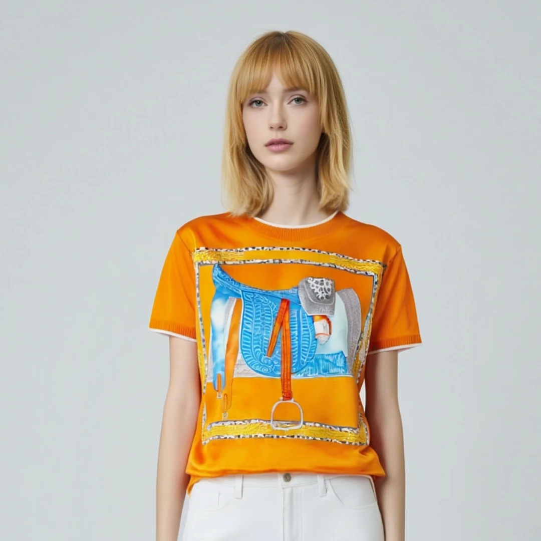 “锦瑟年华”桑蚕丝印花上衣欧货针织重工拼接大牌短袖夏季