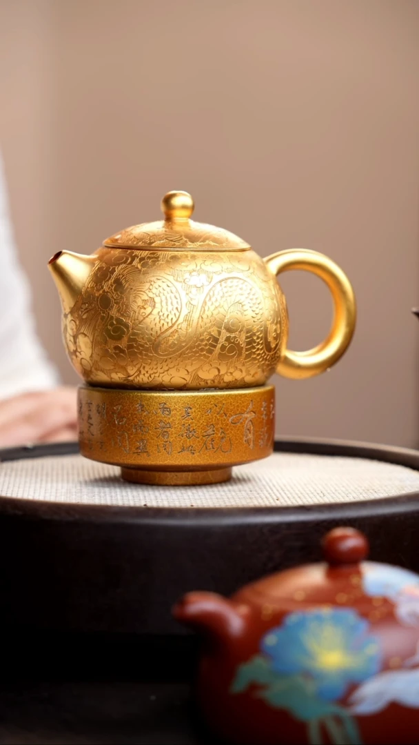 茶壶紫砂金色朱泥龙凤西施+杯