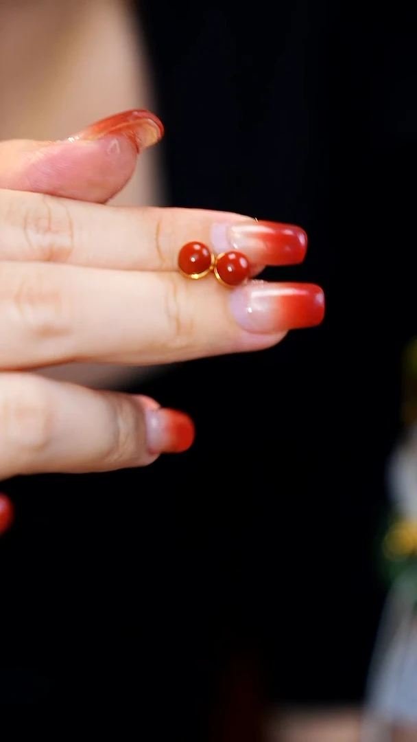 银S925镶嵌南红玛瑙耳钉蛋面耳钉一对