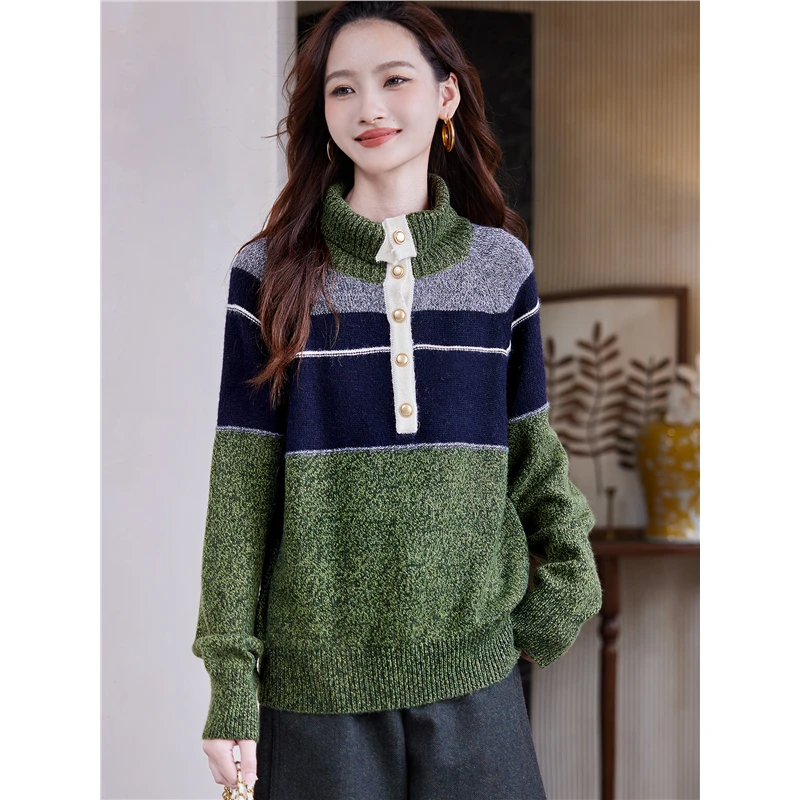 DUCURNO半开领条纹慵懒毛衣女冬季2025新款设计感宽松百搭针织衫