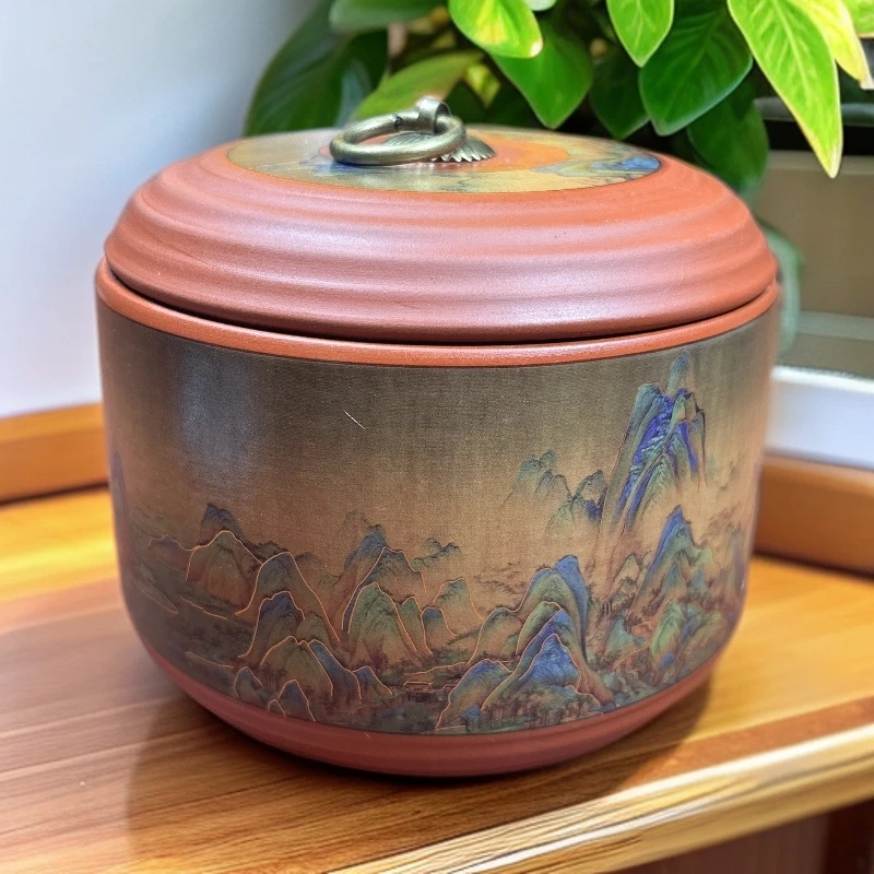 千里江山1336莲开并蒂造型紫砂茶叶罐中式家用密封防潮储茶罐
