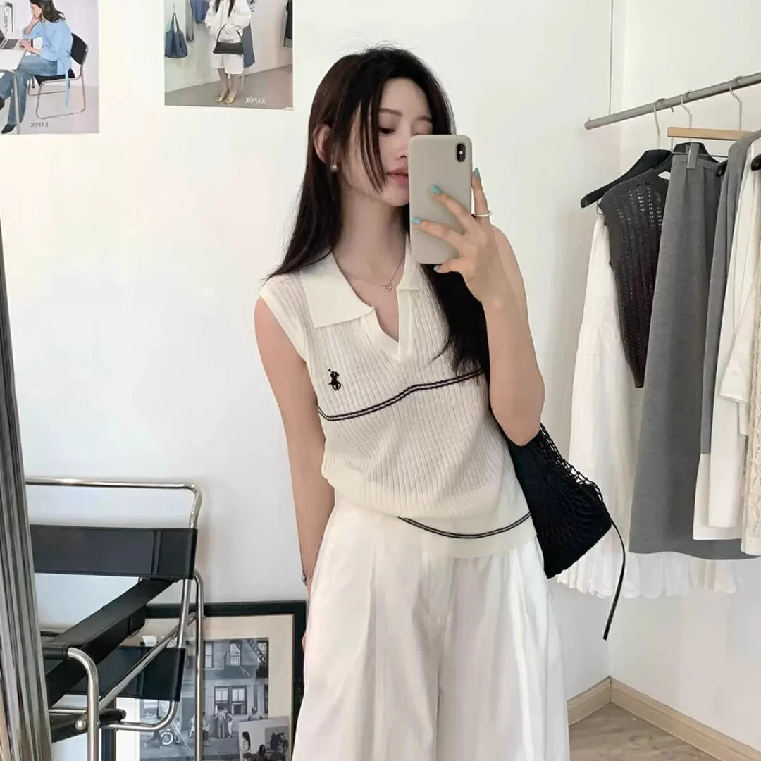 十三行韩系chic刺绣条纹设计感2025夏季气质polo领针织女背心上衣