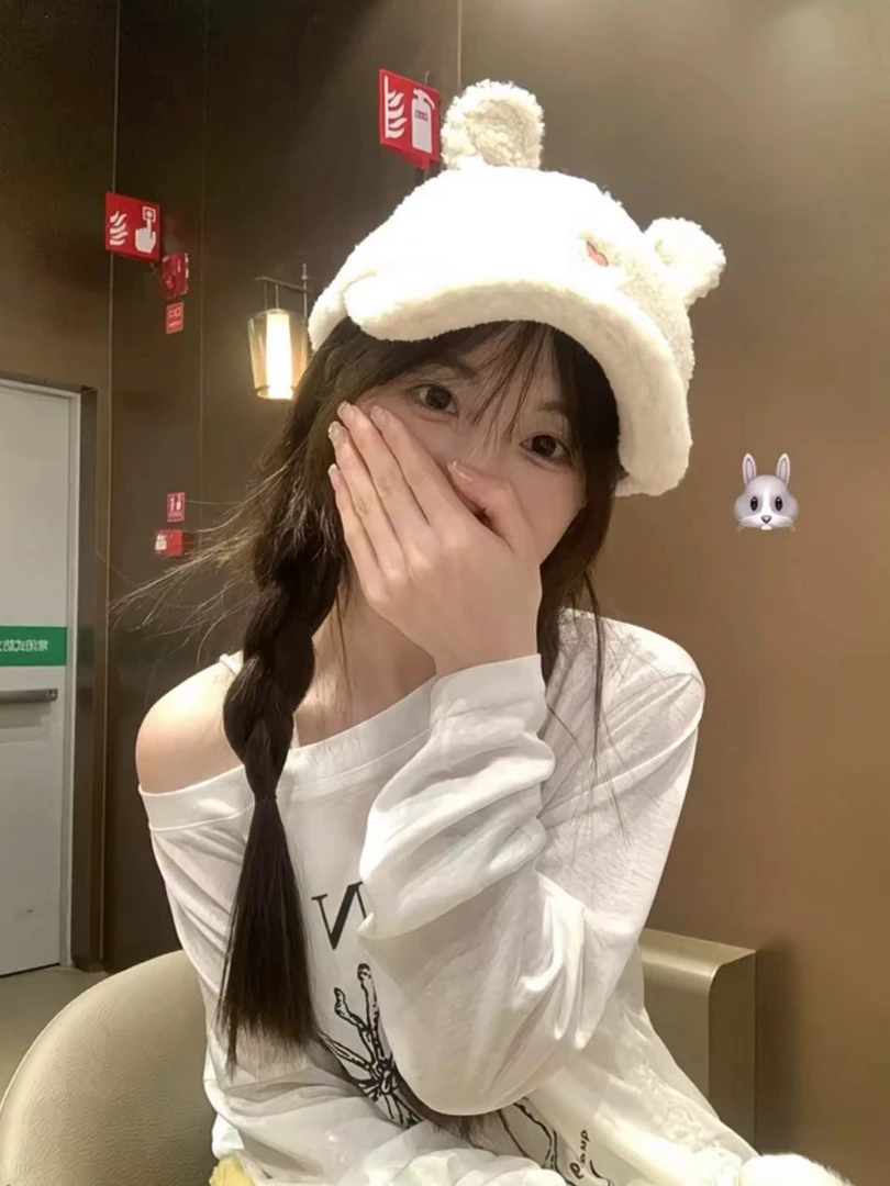 兔兔耳朵羊羔毛绒棒球帽女秋冬季女显脸小韩版爱心可爱甜妹鸭舌帽