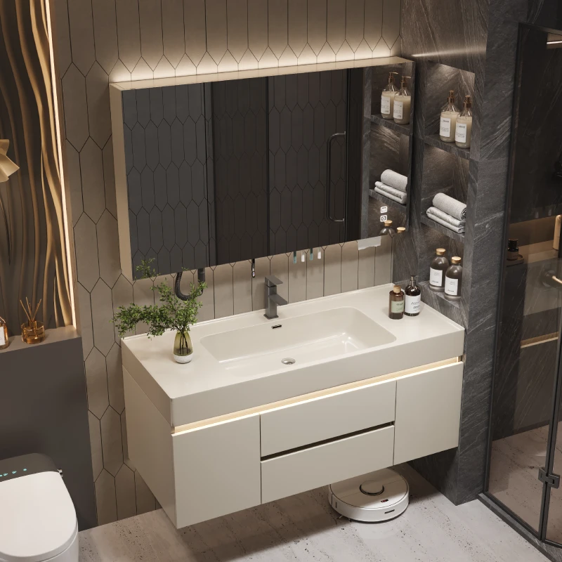 奶油风浴室柜组合鎏金石一体盆卫生间洗手洗脸洗漱台镜柜卫浴柜