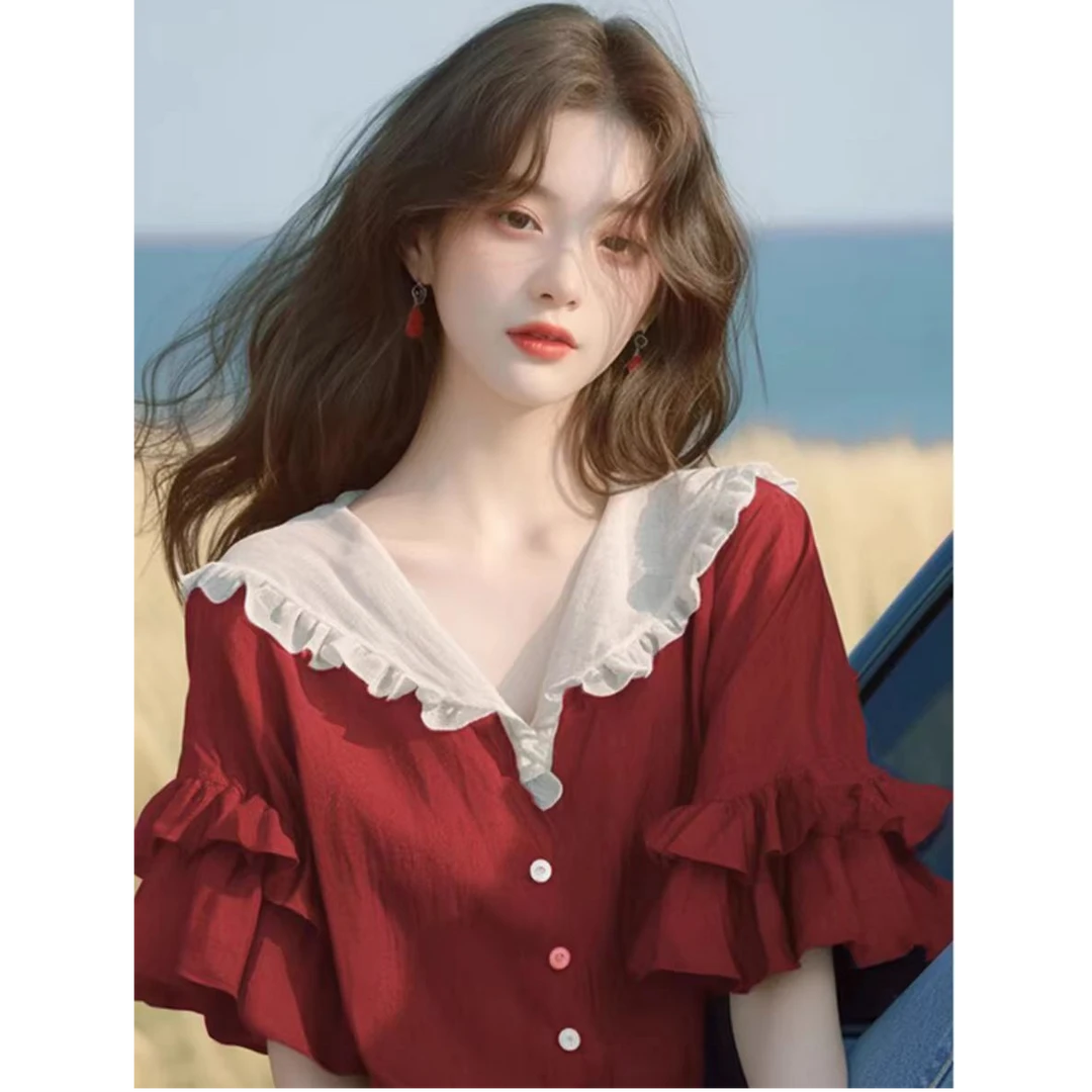 夏季流行爆款设计感上衣小众法式宽松遮肚显瘦红色荷叶领短袖衬衫