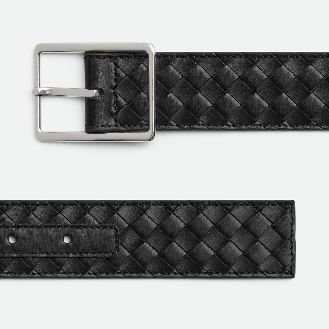 99新 BOTTEGA VENETA/葆蝶家 复古银针扣黑色编织腰带 3.5厘米宽