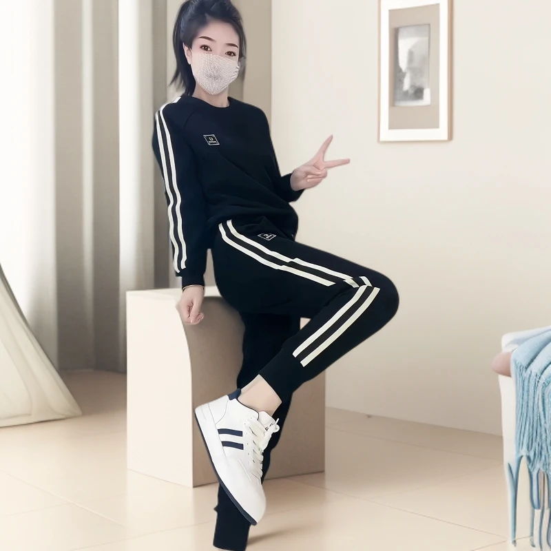 2025拼接卫衣束套装春秋韩版显女脚裤新款运动服条纹休闲瘦两件套