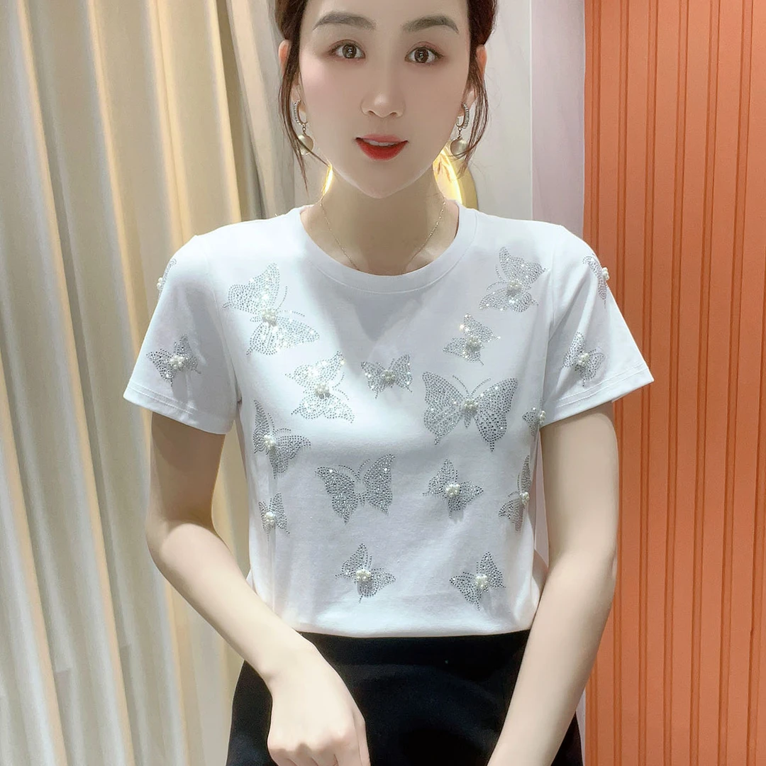 鑫坷春夏圆领蝴蝶宽松气质显瘦时尚洋气百搭短袖小衫上衣女090