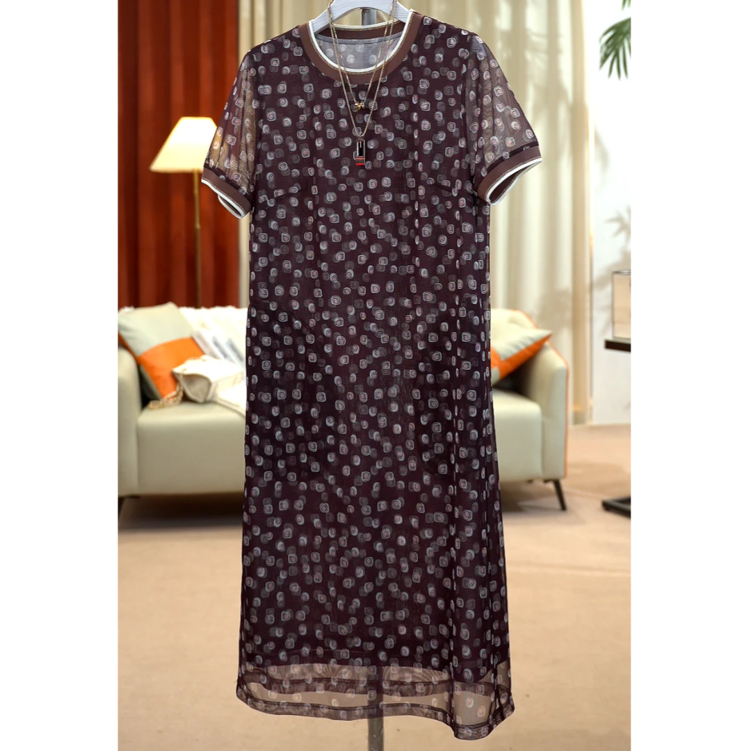 2025夏季女装连衣裙气质优雅碎花网纱弹力印花中长款裙子Q2019