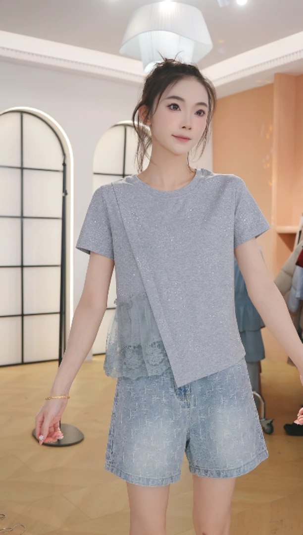 Z8635夏季圆领减龄短袖宽松小个子设计感T恤上衣女
