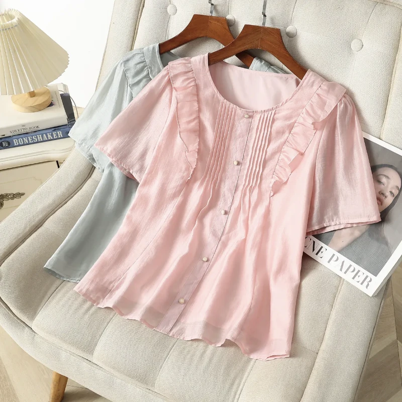 大码夏季新款设计感褶皱透气百搭减龄显瘦衬衫