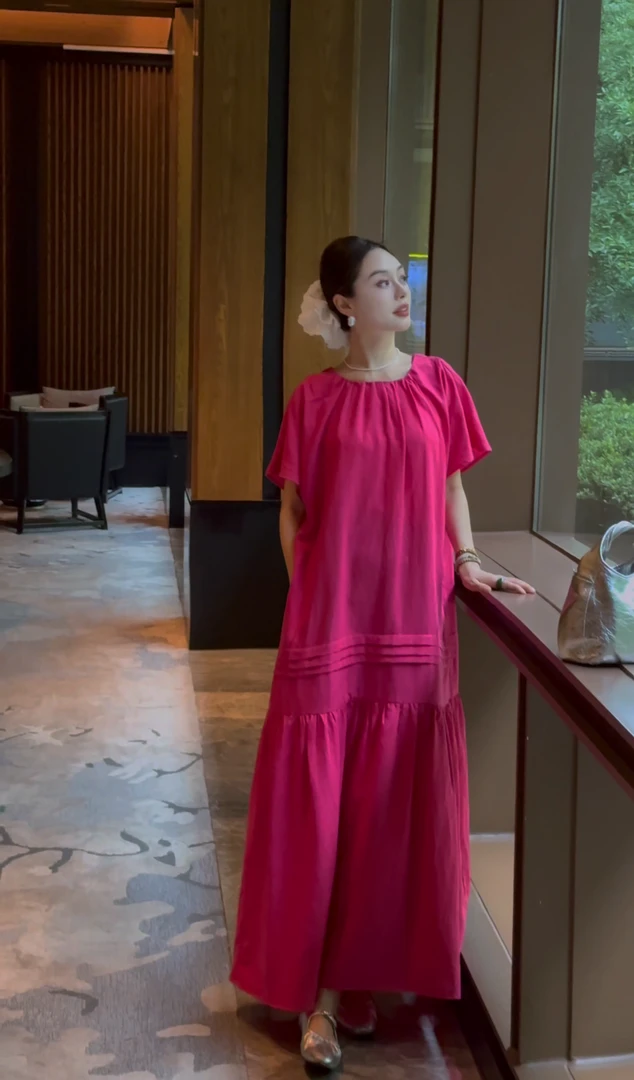 【沙伦玫瑰】天丝亚麻法式遮肉立体剪裁中长款慵懒高级感连衣裙