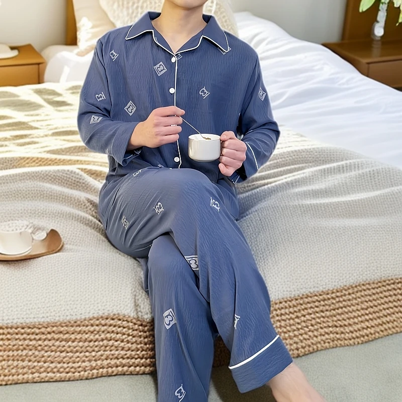 云朵棉睡衣加肥加大码宽松男士春夏季薄款胖子长袖休闲中老年家居