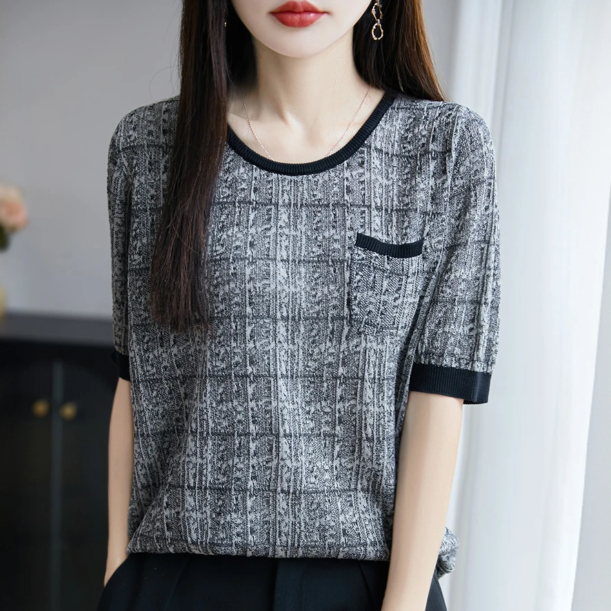 品牌夏季新款时尚圆领拼色气质针织衫T恤宽松休闲上衣