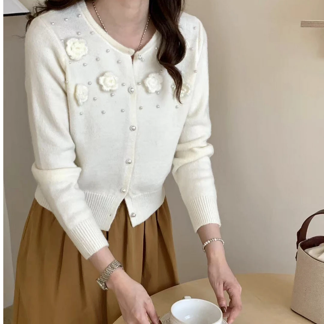【花蕊】雪花绒花朵钉珠开衫毛衣812817