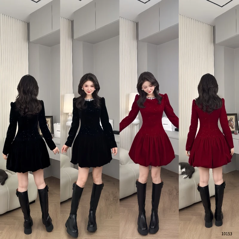 Saeda品牌女装闪钻复古泡泡袖高腰显瘦芭比公主裙YF10153