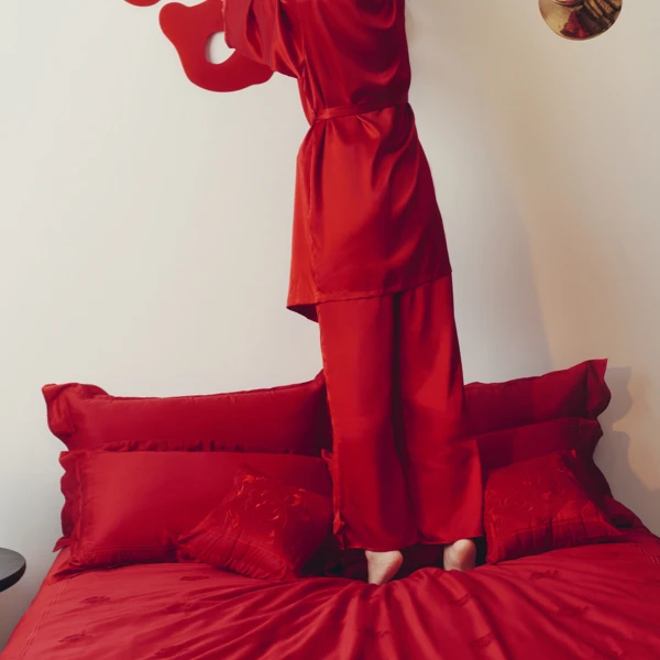 tbh野兽派家居花语系列22姆米可机洗真丝长裤四季红色婚庆睡裤女