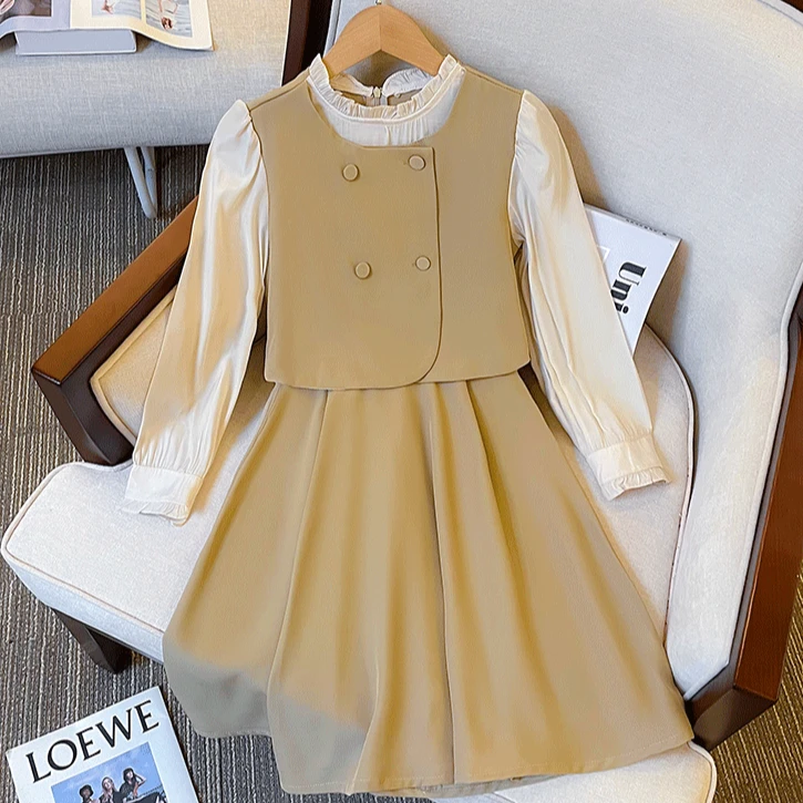 女童连衣裙春装2025新款洋气炸街女孩中大童假两件春秋款儿童裙子