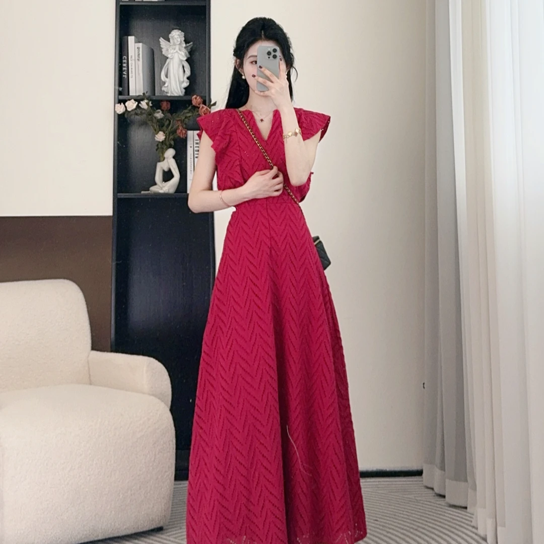 拉夏贝尔25年夏季新款法式轻熟镂空显瘦收腰气质连衣裙 00056 LSC