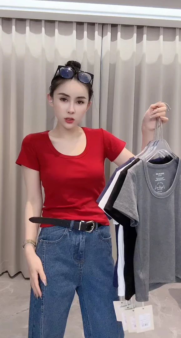欧洲站2024春夏新款简约休闲百搭纯色净版显瘦U领短袖棉T恤上衣女