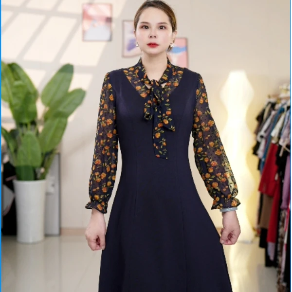 F060 新款假两件连衣裙时尚妈妈装设计感收腰显瘦洋气中长款裙子