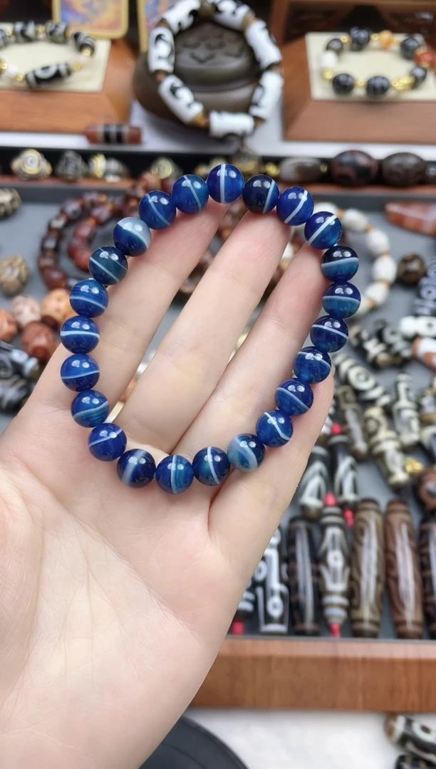 玛瑙/玉髓珠珠未镶嵌蓝沁药师手串