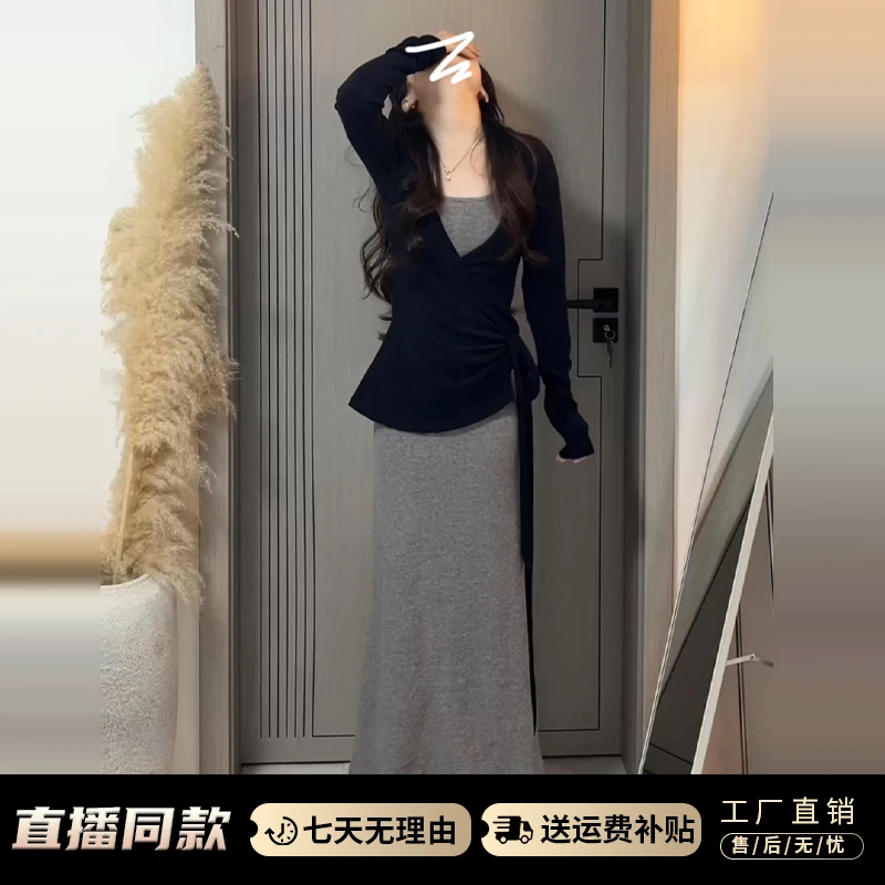 法式灰色挂脖吊带连衣裙子女2025新款春季穿搭一整套气质包臀长裙