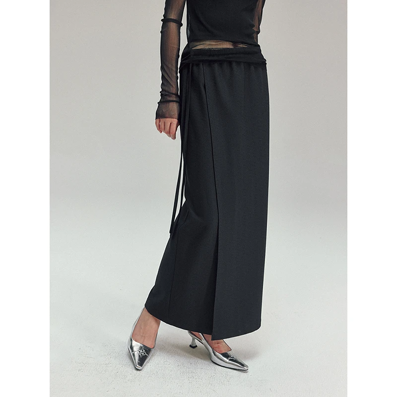 popchrio围裹系带式半身裙松紧高腰垂感直筒休闲长裙子女秋季