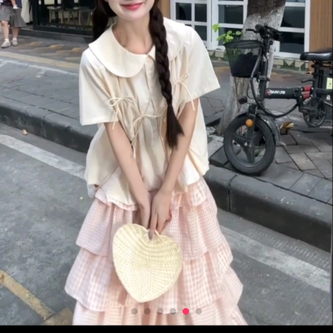 甜美温柔粉格子蛋糕裙小个子春中长半身裙蝴蝶结衬衫