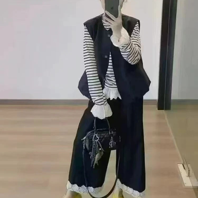 婷婷家韩系休闲文艺感时尚叠穿马甲女2025早秋新款百搭洋气三件套