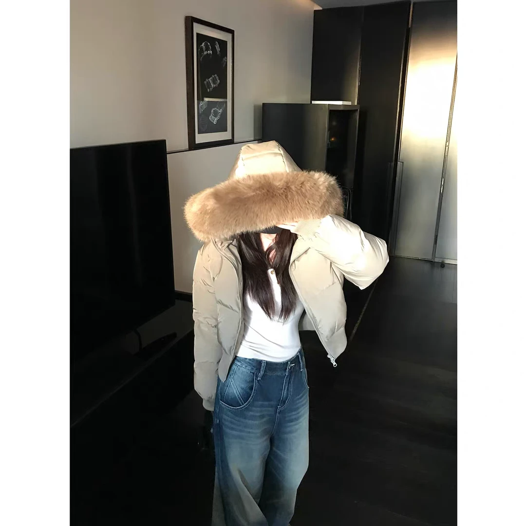 网红时尚中长款秋冬毛领连帽短款棉服外套炸街新款女装2025新款