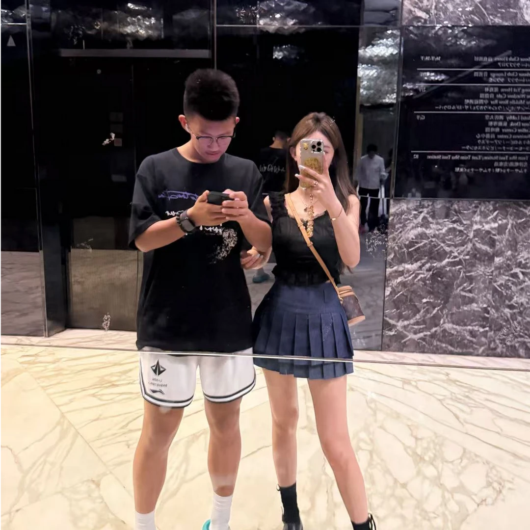 【YKL】nice感觉  黑色弹力肩带花边背心/藏蓝双层边百褶裙裤