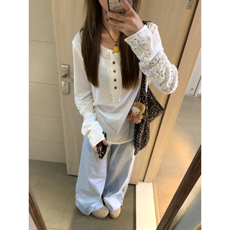 港风chic白色半纽扣拼接长袖t恤女春秋显瘦设计感休闲百搭上衣潮