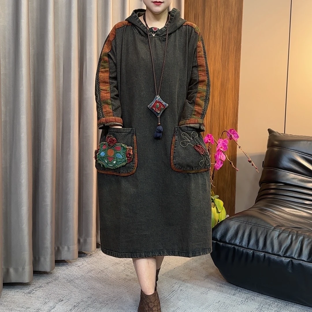 2025春季新款牛仔连帽宽松连衣裙时尚复古中长款