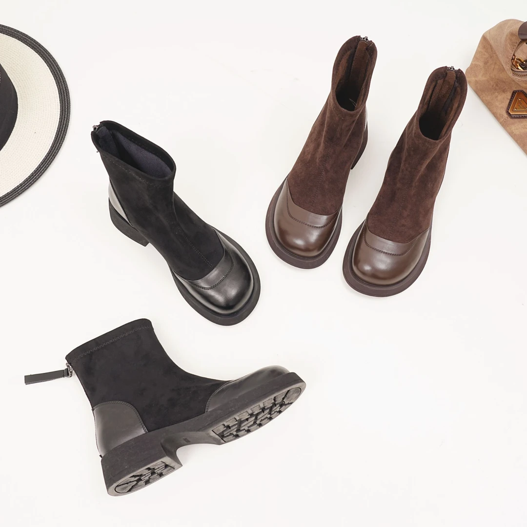 2025秋新款粗跟弹力短靴女网红时尚厚底百搭美拉德瘦瘦马丁靴