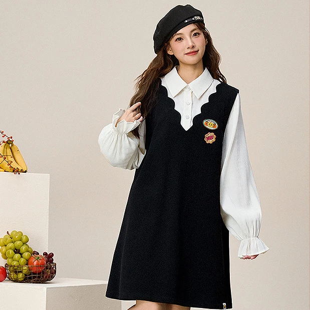 B.Duck小黄鸭2025春季甜美宽松显瘦连衣裙假两件长袖白衬衫小黑裙