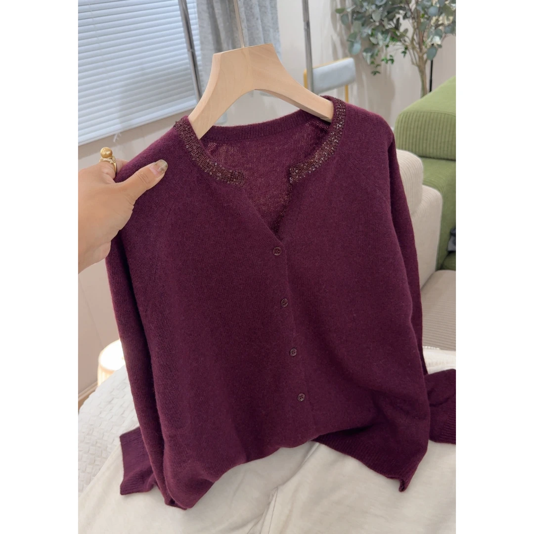 3465【珠光领开衫】巨百搭秋季新款V领女士气质针织上衣