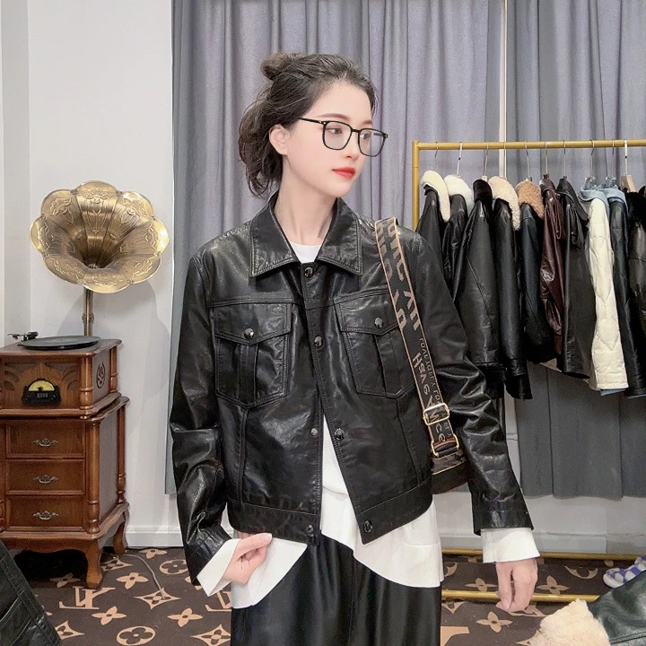 【595333】油蜡时尚牛皮外套复古百搭皮夹克皮衣女