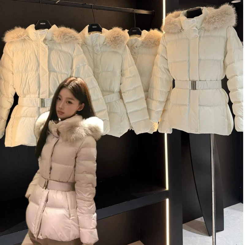2025冬季新修身收腰白鸭绒显瘦加厚羽绒服女环保大毛领网红时尚