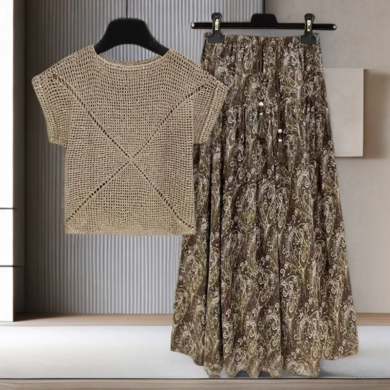 碎花半身裙两件套复古气质高级感穿搭套装女2025秋新款短袖针织衫