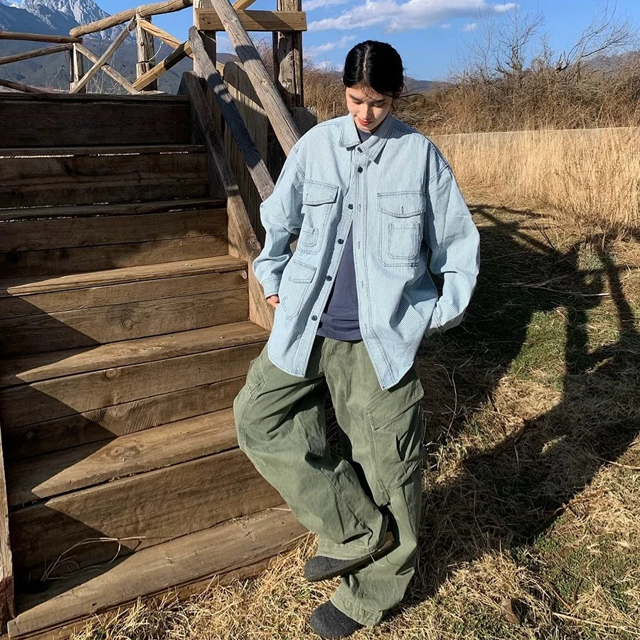 FC096两色重磅牛仔条纹日系工装男女同款外套 巨！好！看！